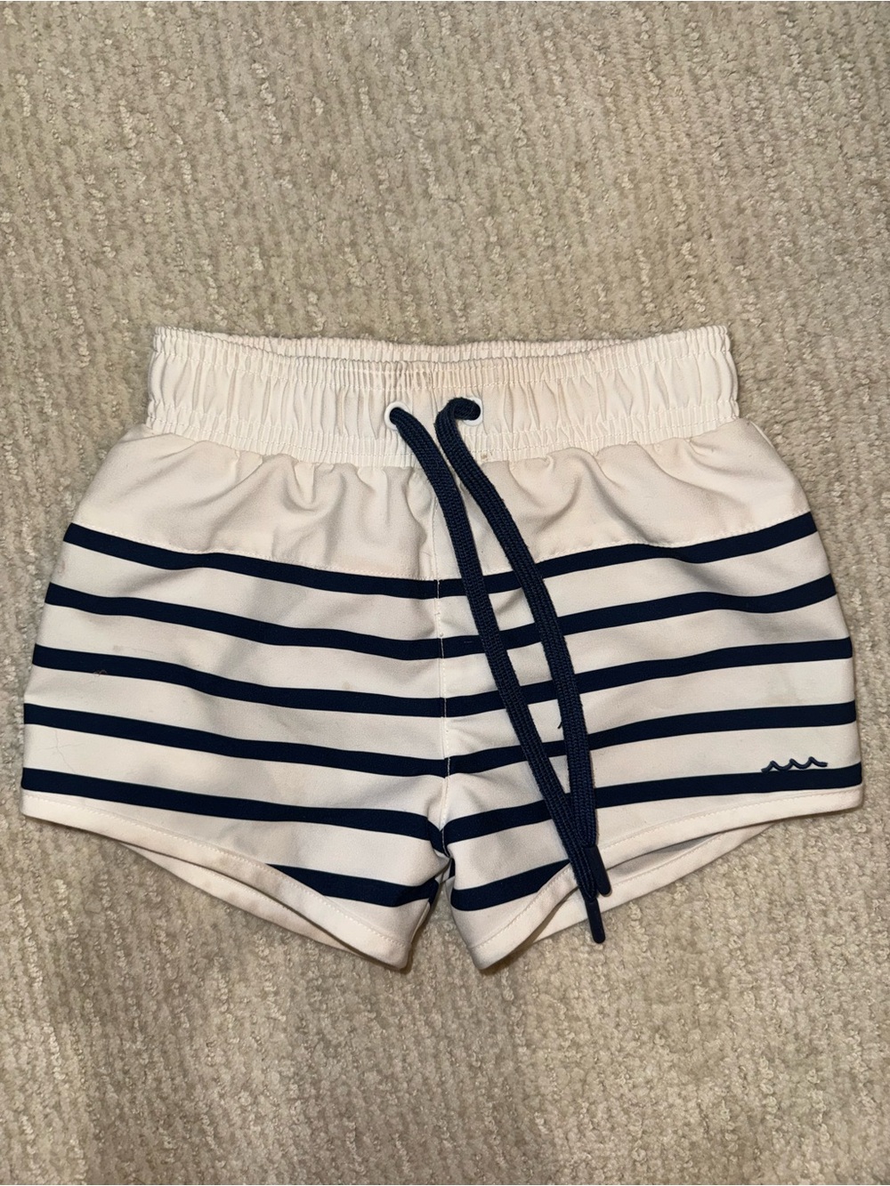 Kids White & Navy Striped Swim Trunks with Drawstring